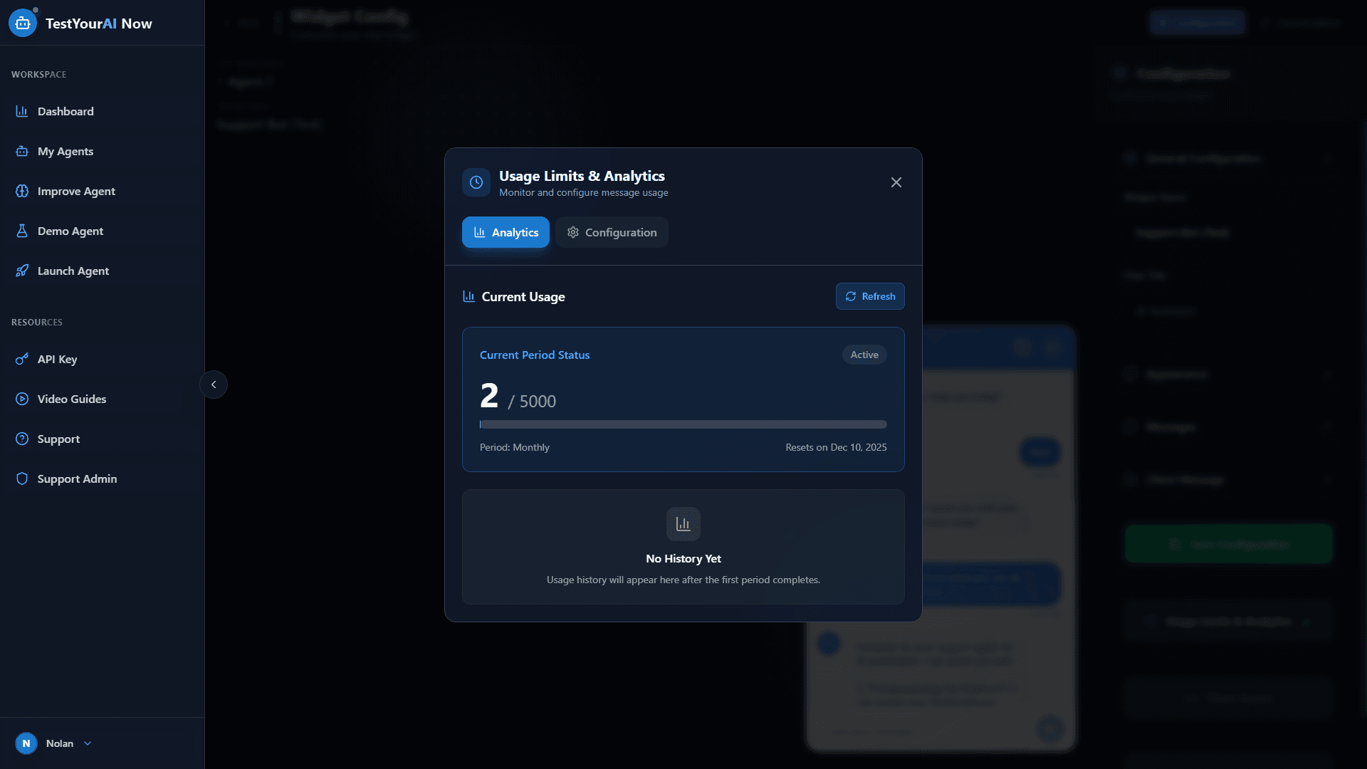 Usage Limits & Analytics Dashboard showing message limits, billing periods, and usage tracking